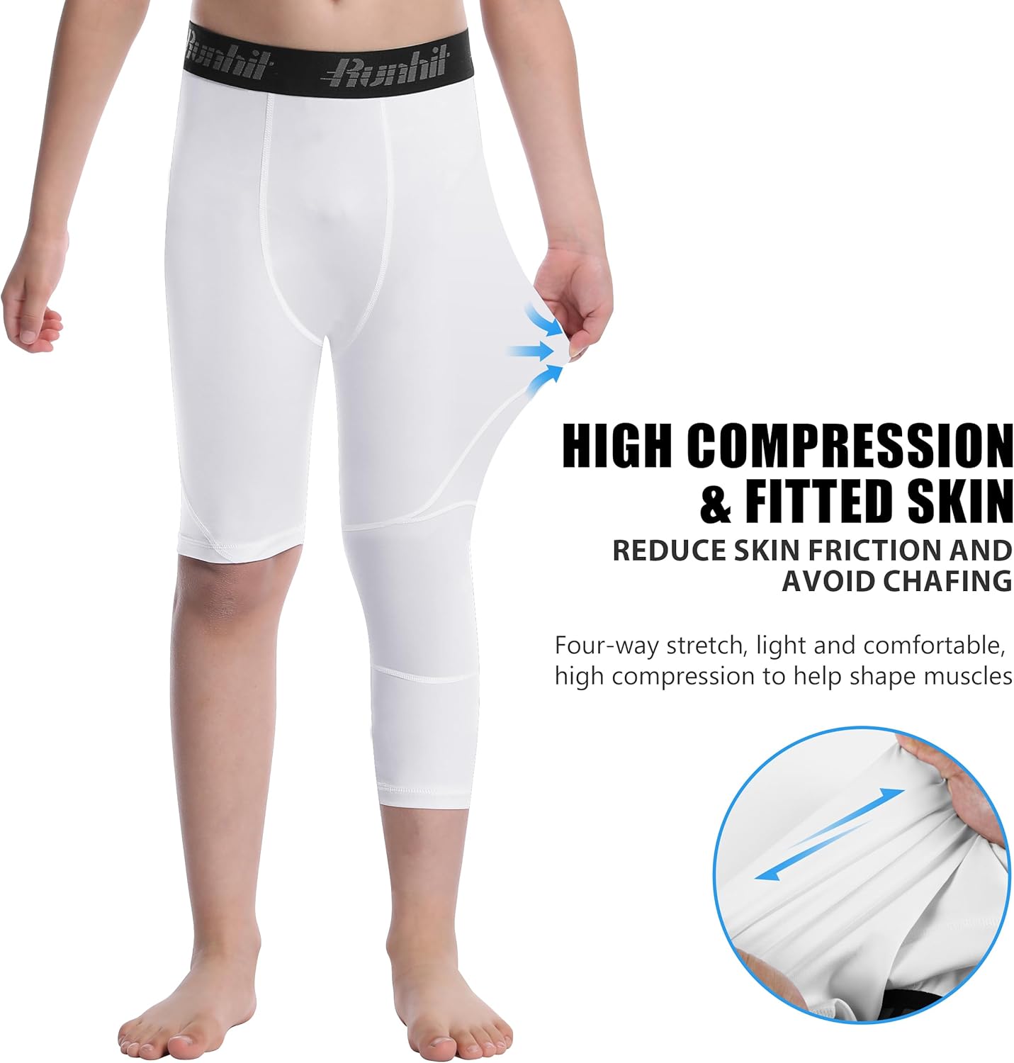 Runhit 3/4 One Leg Boys Compression Leggings,Athletic Tights Basketball Compression Pants,Youth Boys Base Layer Pants - Image 4