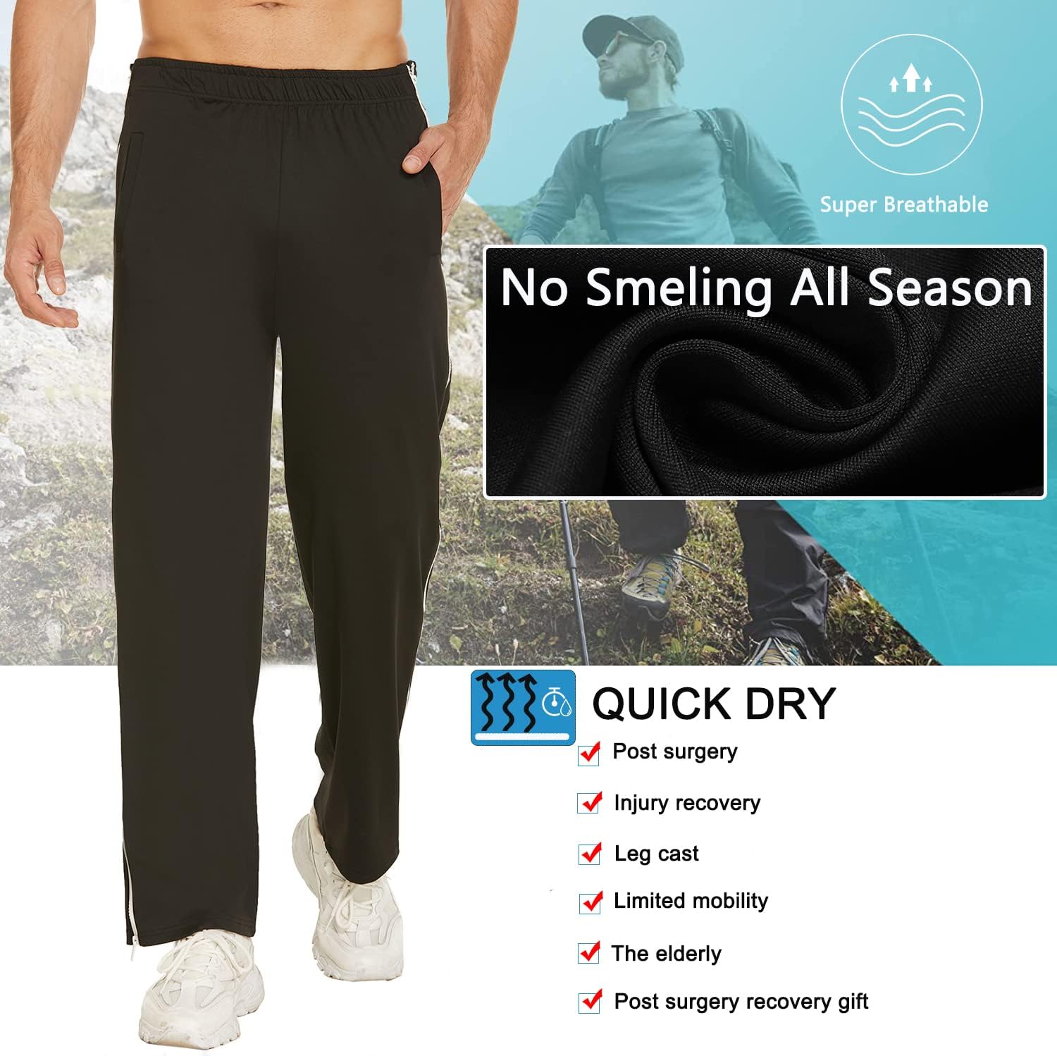Deyeek Mens Tear Away Basketball Pants 2 Side Zippers Snap Off Full Open Down Sweatpants Leg Post Surgery Pant with Pockets - Image 2