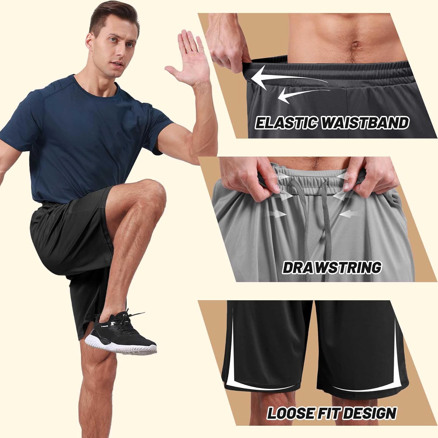 Men's Athletic Gym Shorts - Quick Dry Black Casual Basketball Shorts with Pockets for Running Workout Activewear - Image 4
