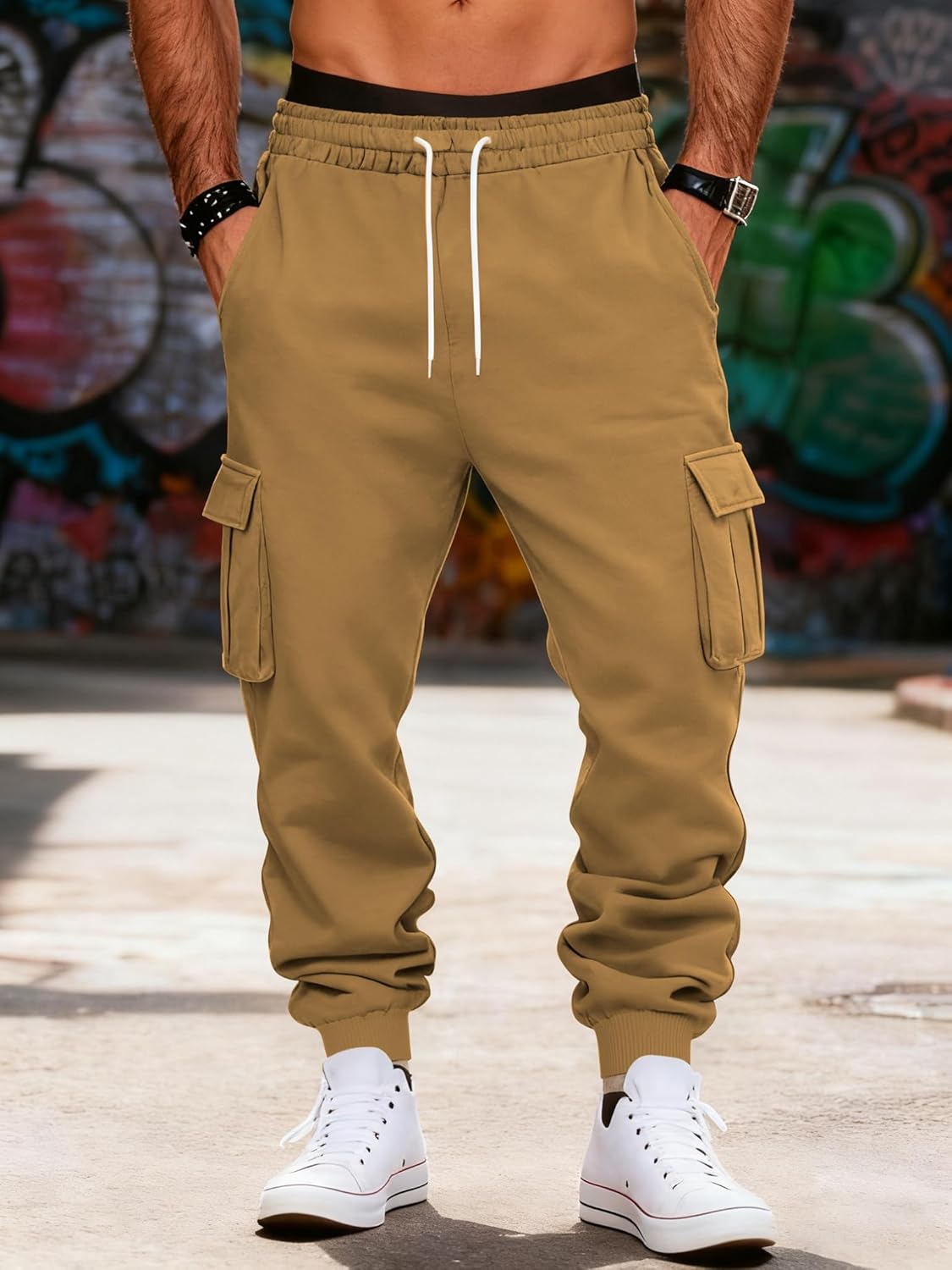 Mens Fleece Cargo Sweatpants Heavyweight Elastic Waist Pants with Pockets Baggy Drawstring Jogger Pants - Image 3