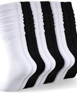 6 pairs Scrunch Football Socks Extra Long Padded Knee High Socks Athletic tube scrunched for men women adults youth basketball Baseball, black and white