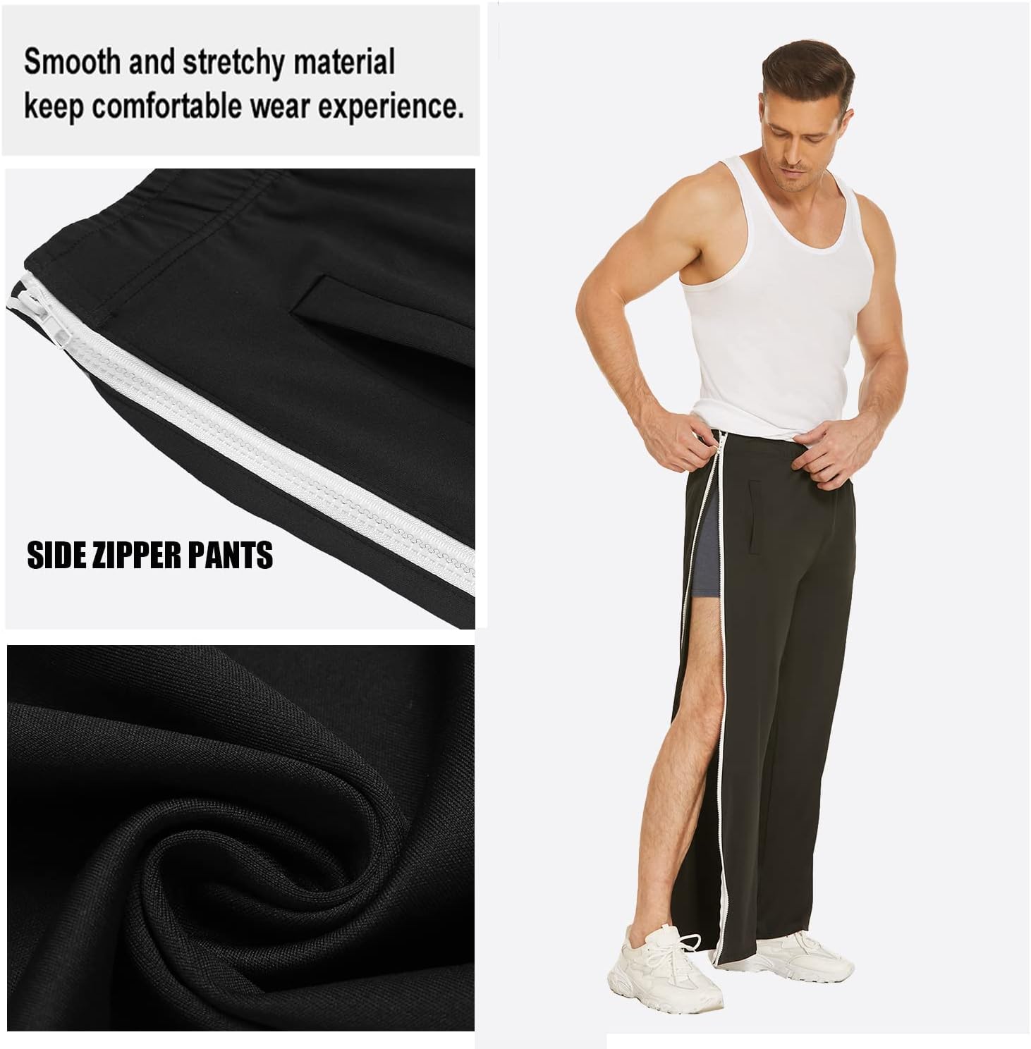 Deyeek Mens Tear Away Basketball Pants 2 Side Zippers Snap Off Full Open Down Sweatpants Leg Post Surgery Pant with Pockets - Image 4