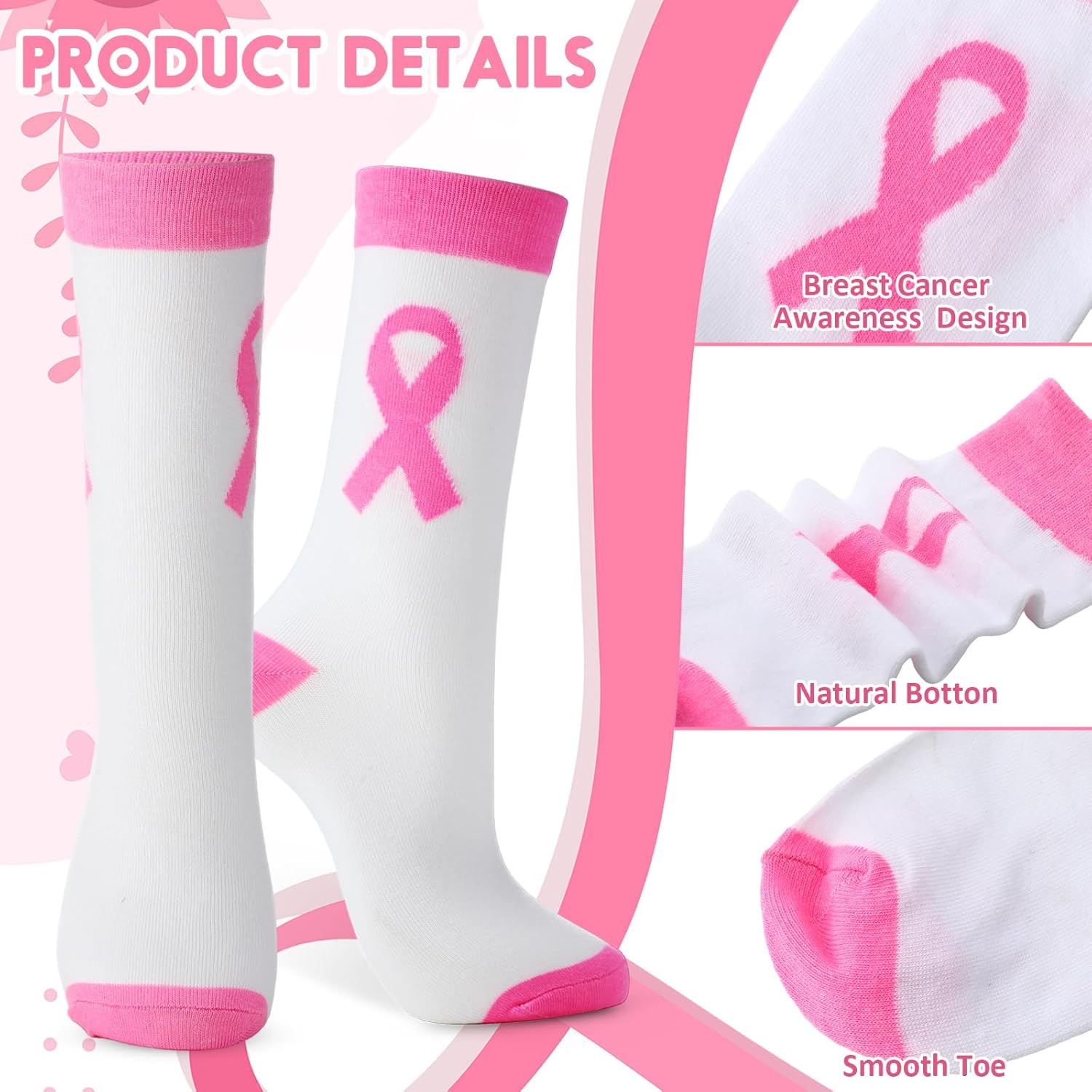 Breast Cancer Awareness Accessories Bulk Pink Ribbon Football Socks Wristbands Pins for Women Youth Events Gift - Image 3