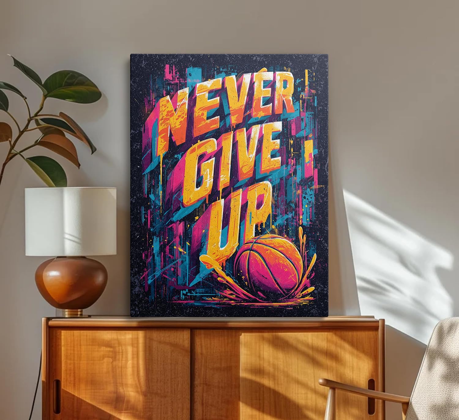 Cool Never Give Up Basketball Motivational Picture Wall Decor Framed Modern Inspirational Canvas Wall Art Graffiti Gym Prints Poster Colorful Painting for Living Room Bedroom Artwork (16"x24") - Image 4