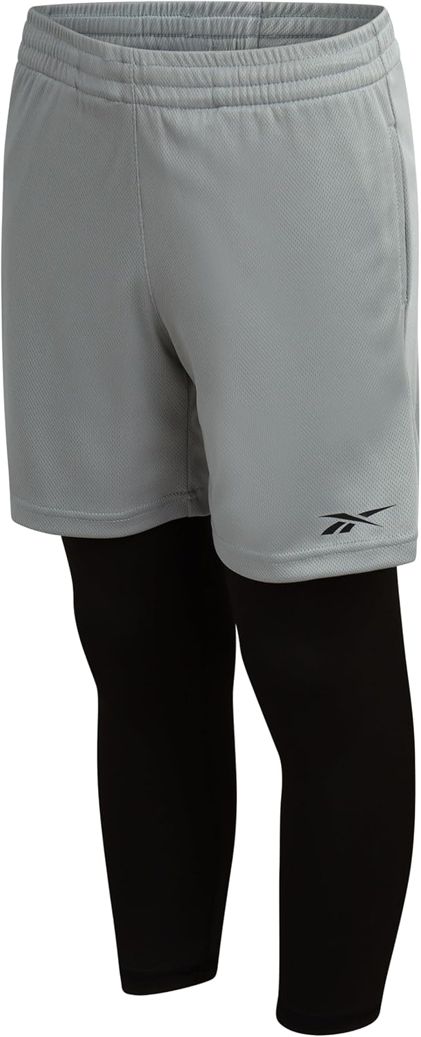 Reebok Boys Basketball Shorts with Leggings - 2-in-1 Boys Athletic Shorts with Inner Compression Pants, Drawstring & Pockets