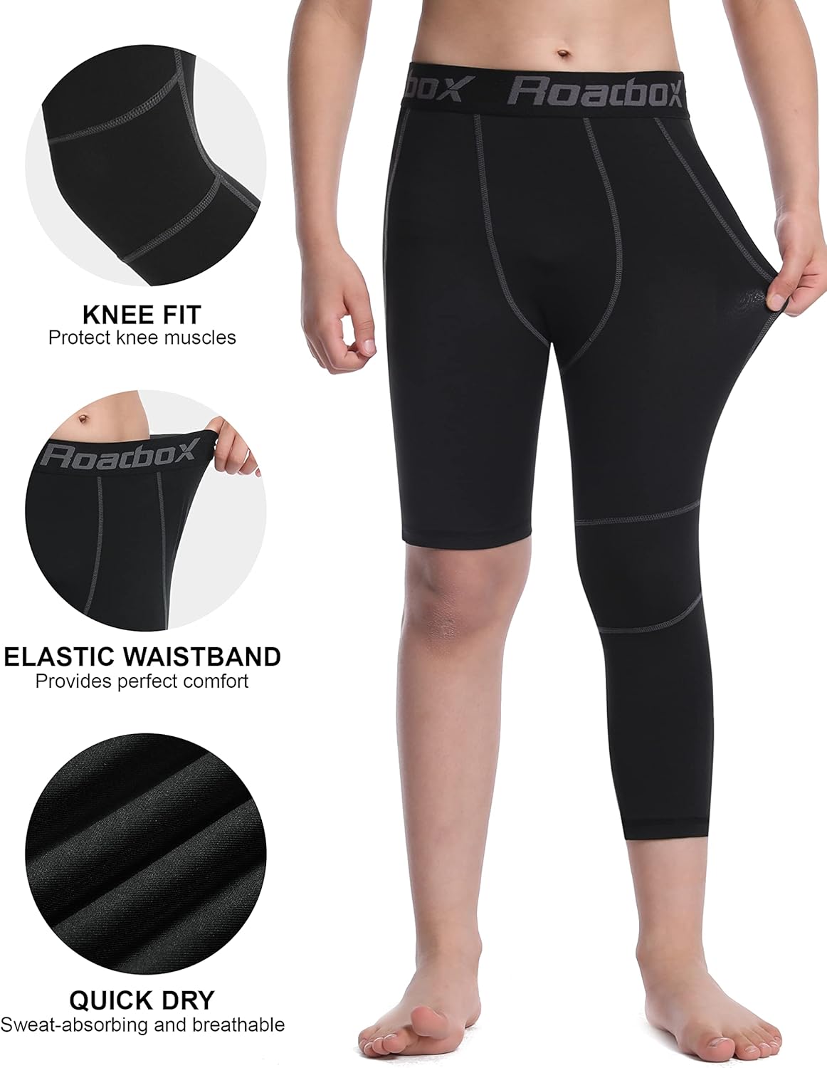 Roadbox Boys One Leg Compression Pants, 2Pack 3/4 Athletic Basketball Leggings, Youth Sports Baselayer Tights - Image 4
