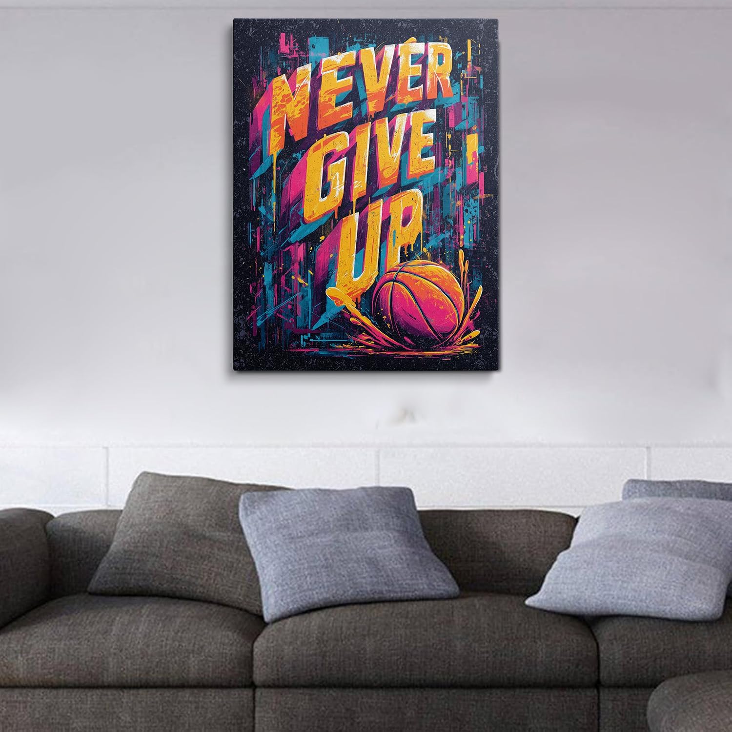 Cool Never Give Up Basketball Motivational Picture Wall Decor Framed Modern Inspirational Canvas Wall Art Graffiti Gym Prints Poster Colorful Painting for Living Room Bedroom Artwork (16"x24") - Image 3