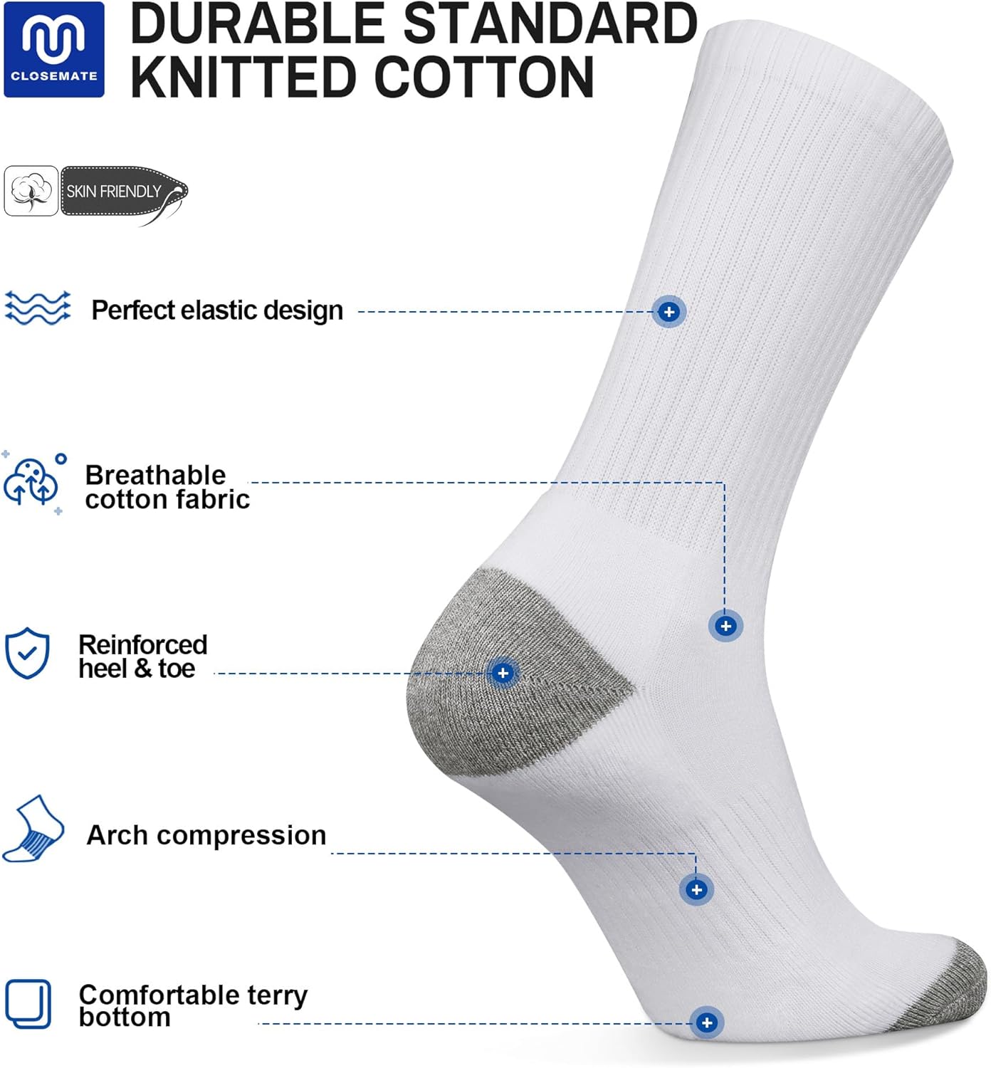 CLOSEMATE Mens Athletic Cushioned Crew Socks 6 Pairs Cotton Breathable for Work Training Sports - Image 2