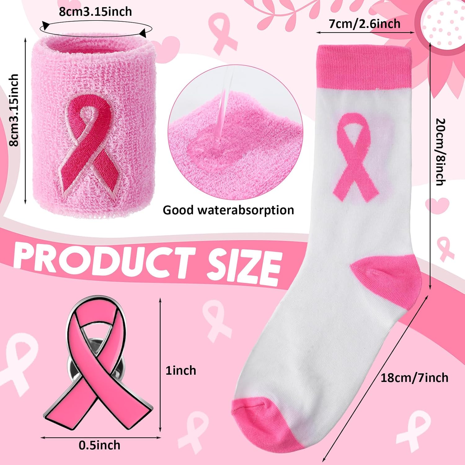 Breast Cancer Awareness Accessories Bulk Pink Ribbon Football Socks Wristbands Pins for Women Youth Events Gift - Image 2