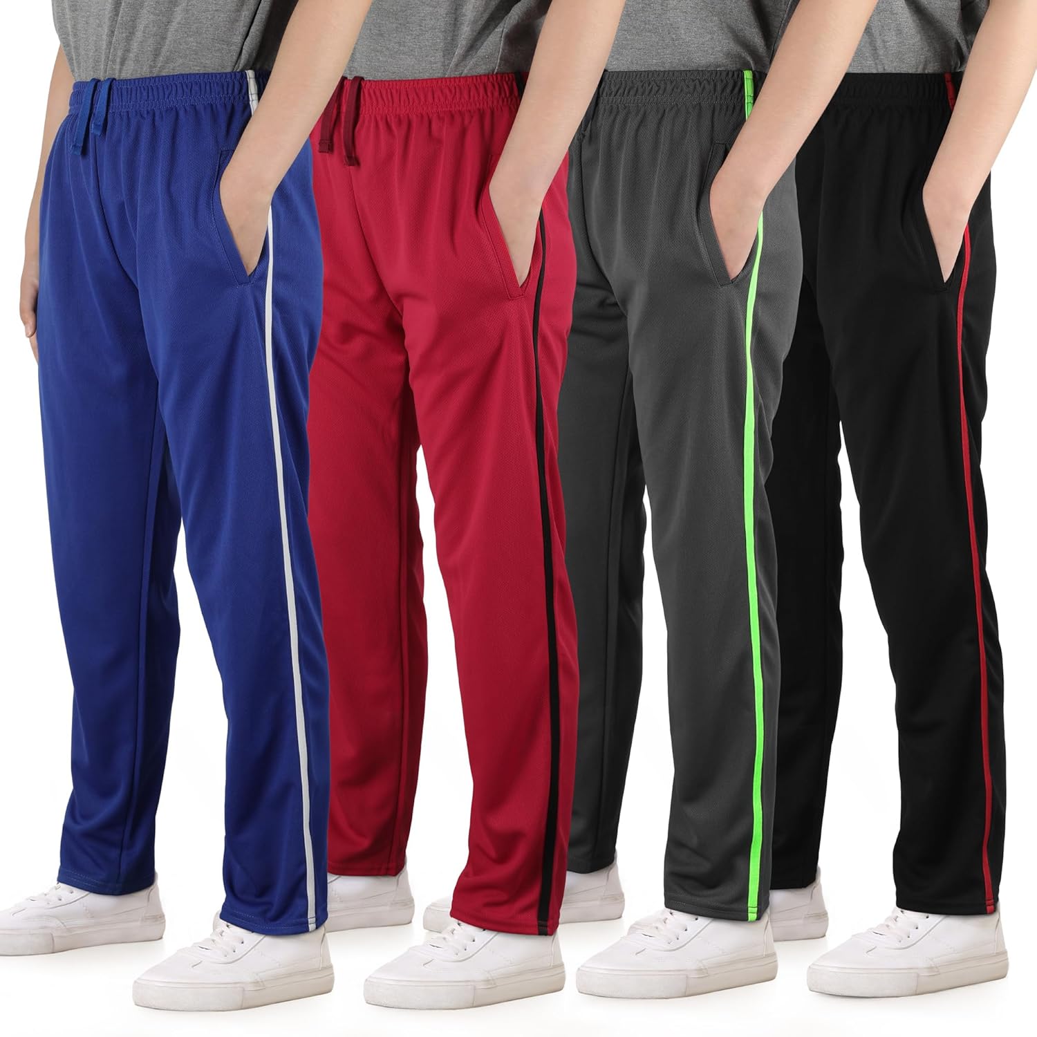 4 Pack Boys Mesh Athletic Pants, Lightweight Pants with Pockets and Drawstring, Thin Open Bottom Active Pants for Boys