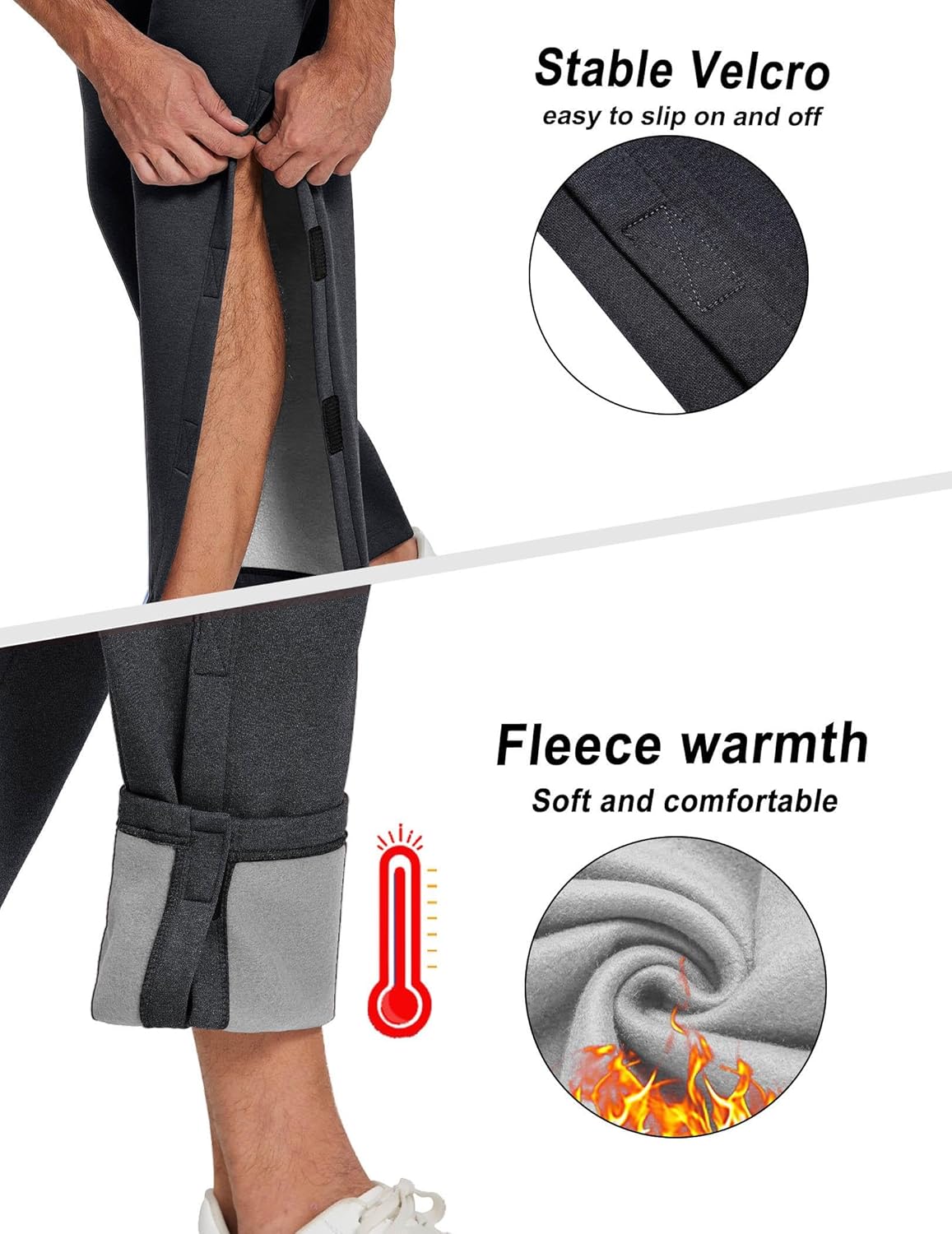 Deyeek Mens Fleece Tear Away Pants Loose Fit Post Knee Replacement Surgery Pants Breakaway Sweatpants Side Snap with Pockets - Image 4