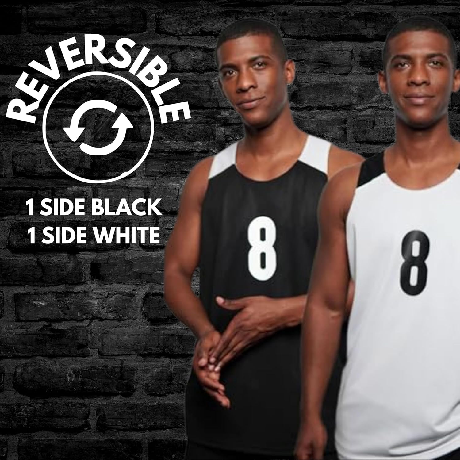 Reversible Basketball Jersey Team Set for Men with Numbers | Complete Team Set for Games or Scrimmage | Black and White | 10-Pack | Pinnies | Breathable and Moisture Wicking - Image 2