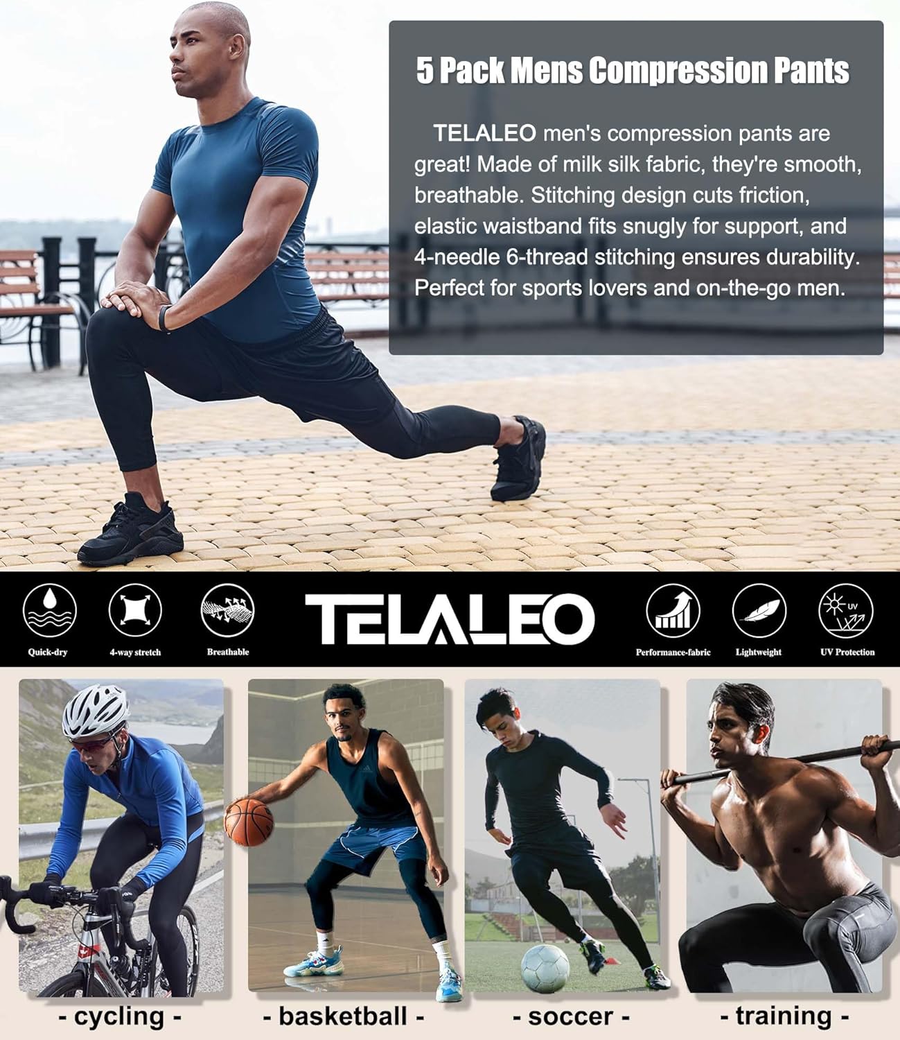 TELALEO 5 Pack Men's Compression Pants for Workout, Running,Basketball,Football-Sports Baselayer Leggings - Image 6