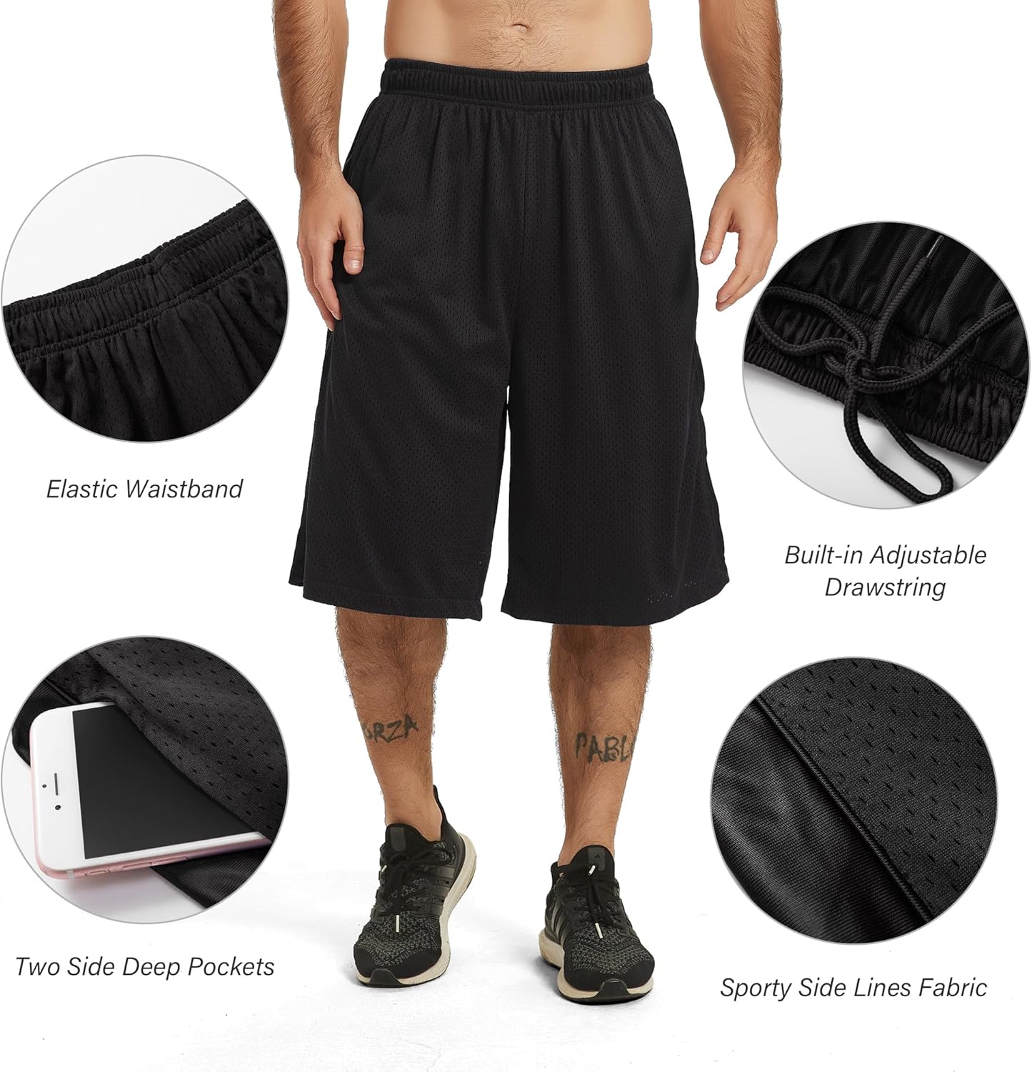 HQUEC Men's 12" Athletic Shorts Long Basketball Workout Shorts Below Knee Loose-Fit with Pockets - Image 4