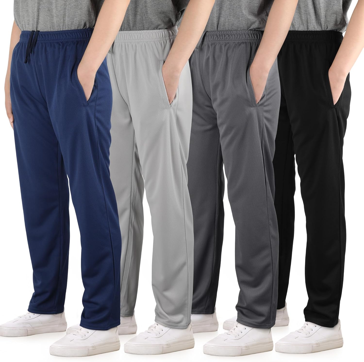4 Pack Boys Mesh Athletic Pants, Lightweight Pants with Pockets and Drawstring, Thin Open Bottom Active Pants for Boys - Image 7
