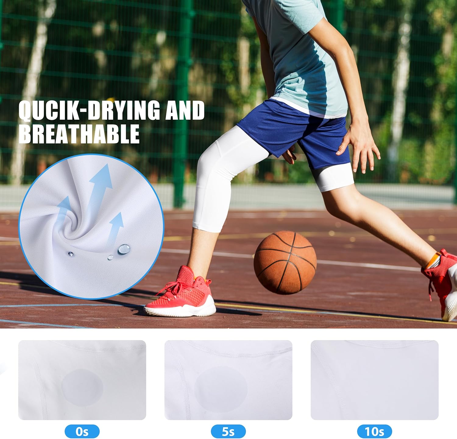 Runhit 3/4 One Leg Boys Compression Leggings,Athletic Tights Basketball Compression Pants,Youth Boys Base Layer Pants - Image 5