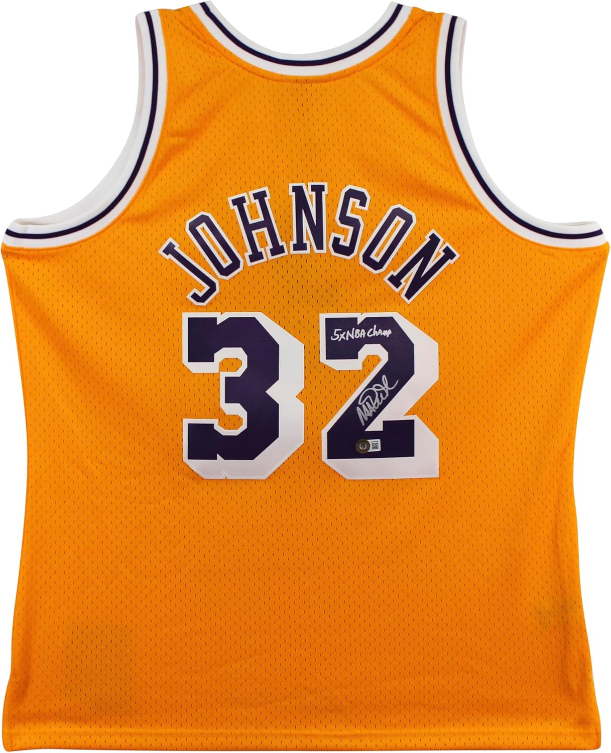 Lakers Magic Johnson "5x NBA Champ" Signed Yellow M&N HWC Swingman Jersey BAS W - Image 2