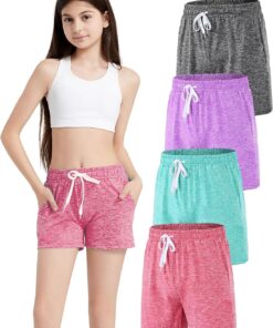 4 Pack Girls Athletic Shorts Dry-Fit Basketball Shorts with Pockets,Girls Running Shorts for Kids Gym Soccer