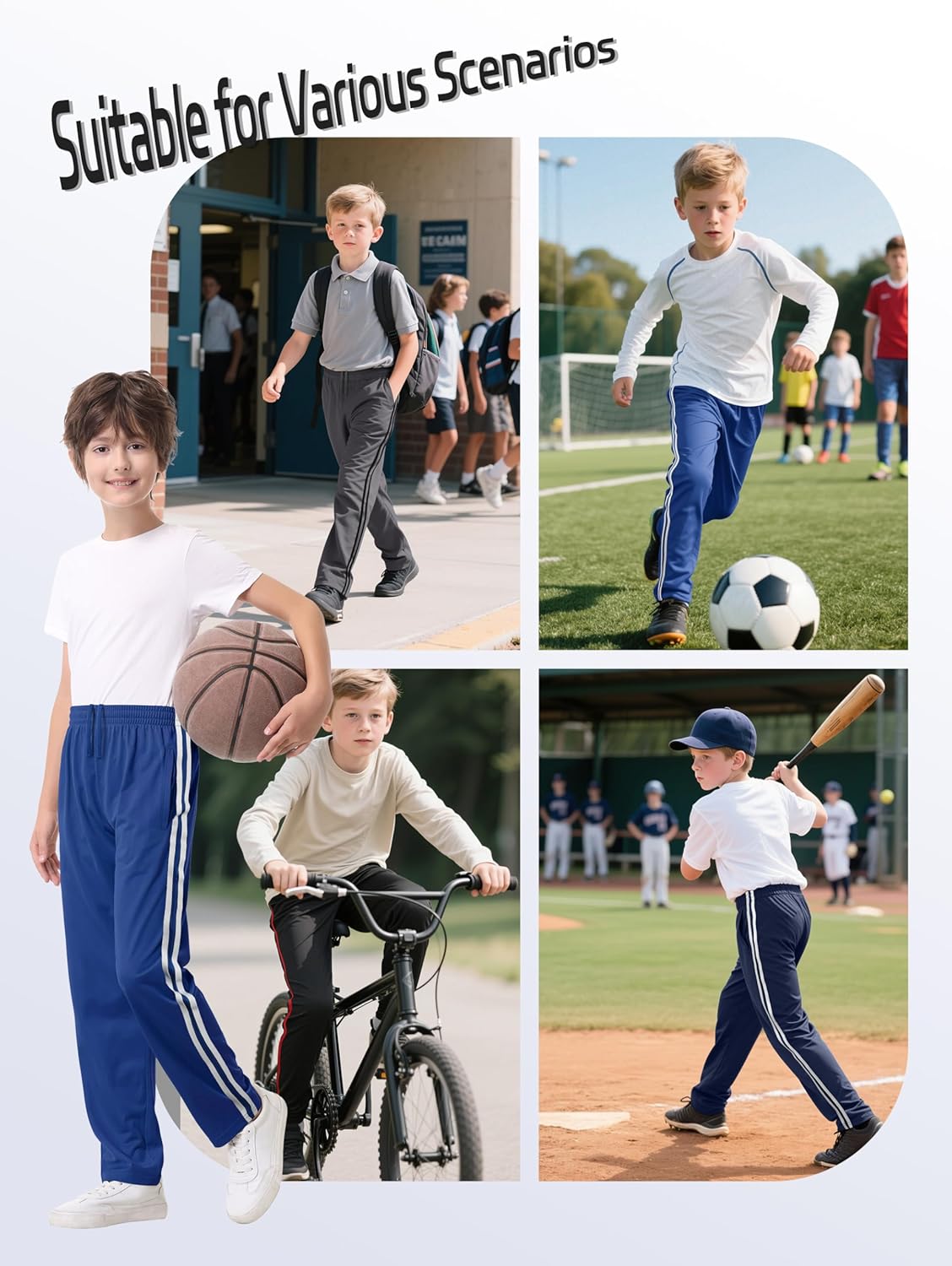4 Pack Boys Lightweight Sweatpants, Tricot Sweat Pants for Boys Athletic Open Bottom Pants with Pockets & Drawstring - Image 6