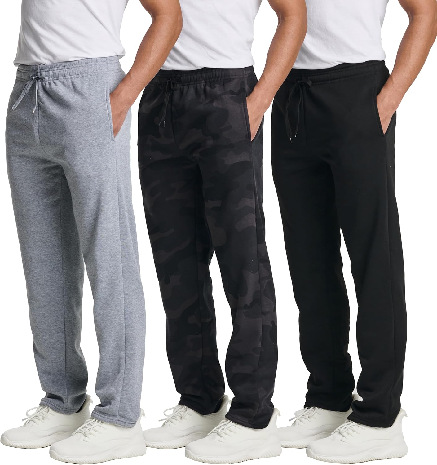 Real Essentials 3 Pack: Men's Tech Fleece Athletic Casual Open Bottom Sweatpants with Pockets (Available in Big & Tall)