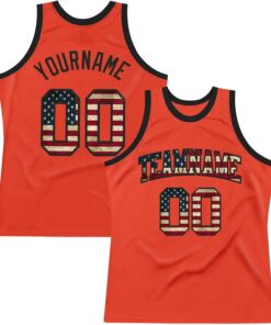 Custom Name Team Name Number Orange USA Flag Authentic Throwback Basketball Jersey, Personalized Uniform Basketball Shirt