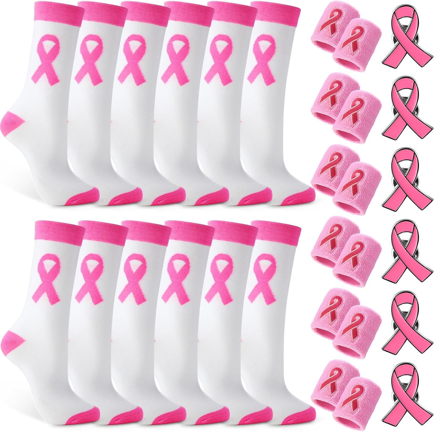 Breast Cancer Awareness Accessories Bulk Pink Ribbon Football Socks Wristbands Pins for Women Youth Events Gift