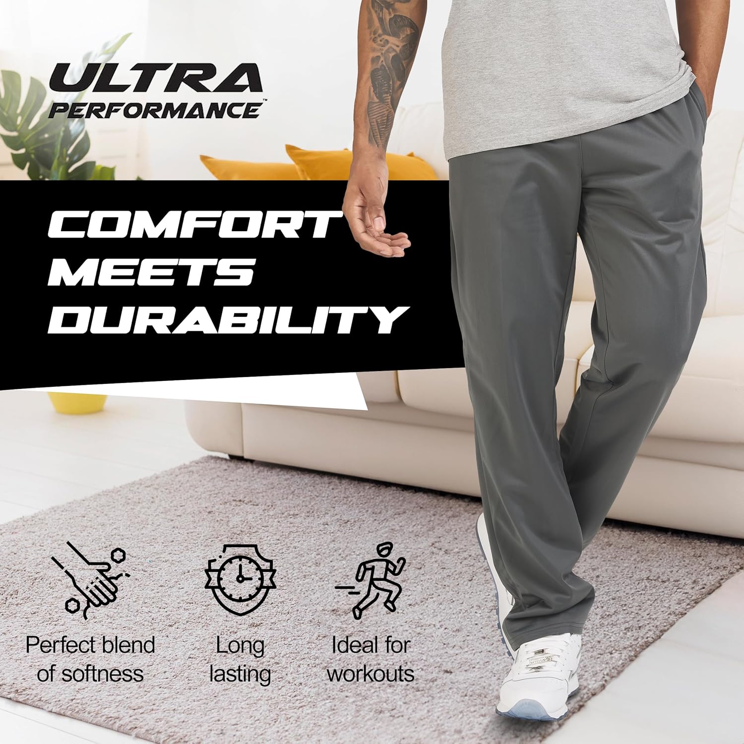 Ultra Performance 3 Pack Mens Athletic Open Bottom Sweatpants Active Track Pants Casual Tricot Wide Leg Sweat Pants for Men - Image 4