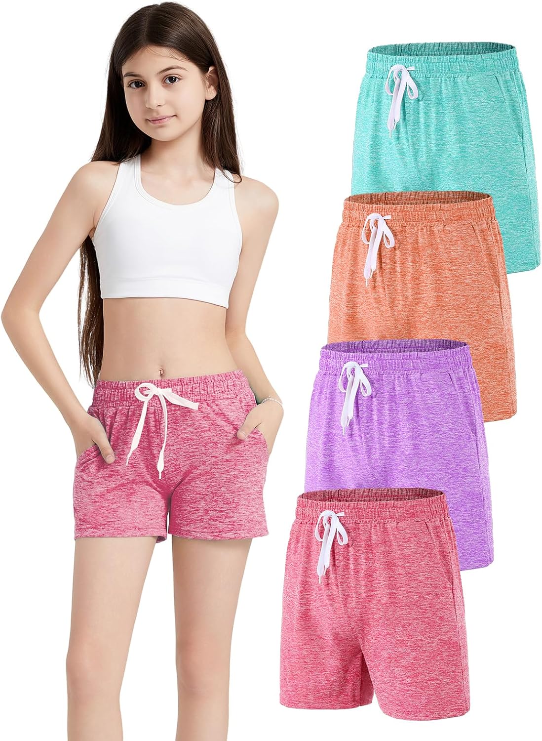 4 Pack Girls Athletic Shorts Dry-Fit Basketball Shorts with Pockets,Girls Running Shorts for Kids Gym Soccer - Image 10
