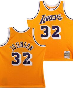 Lakers Magic Johnson "5x NBA Champ" Signed Yellow M&N HWC Swingman Jersey BAS W