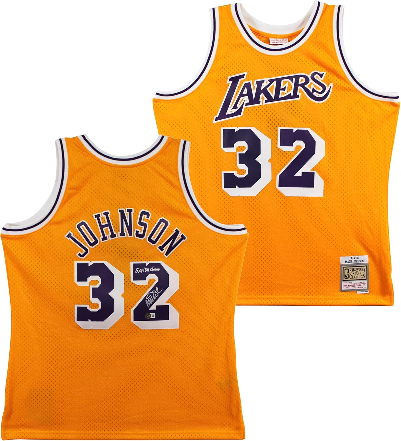 Lakers Magic Johnson "5x NBA Champ" Signed Yellow M&N HWC Swingman Jersey BAS W