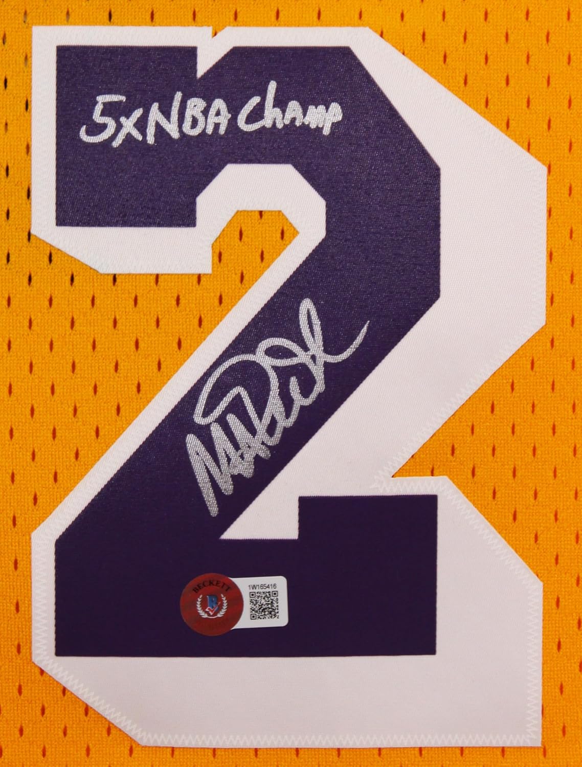 Lakers Magic Johnson "5x NBA Champ" Signed Yellow M&N HWC Swingman Jersey BAS W - Image 3