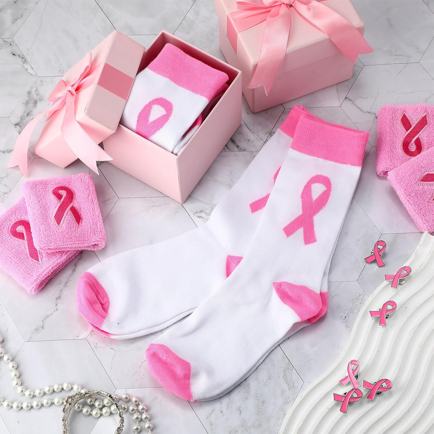 Breast Cancer Awareness Accessories Bulk Pink Ribbon Football Socks Wristbands Pins for Women Youth Events Gift - Image 4