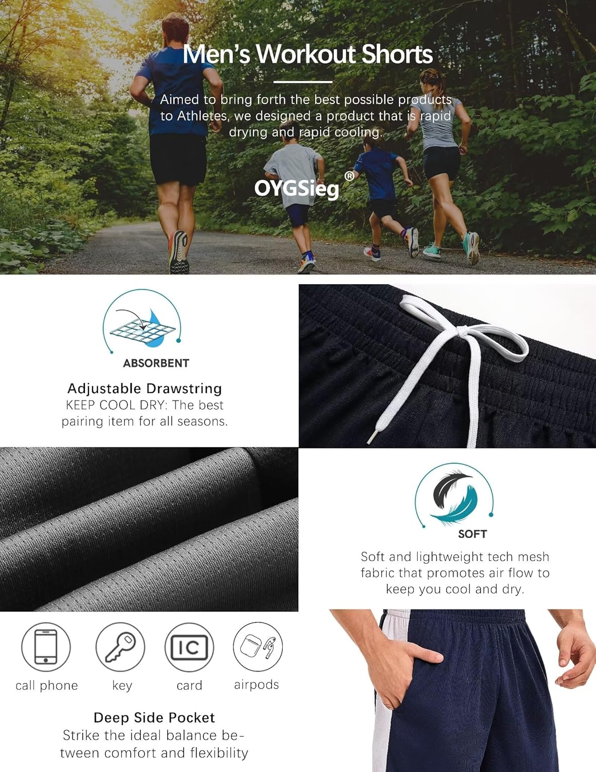 OYGSieg 6 Pack Mens Mesh Athletic Basketball Shorts Gym Shorts with Pockets, Quick Dry Workout Running Shorts Casual for Men - Image 3