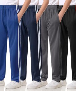 4 Pack Boys Lightweight Sweatpants, Tricot Sweat Pants for Boys Athletic Open Bottom Pants with Pockets & Drawstring