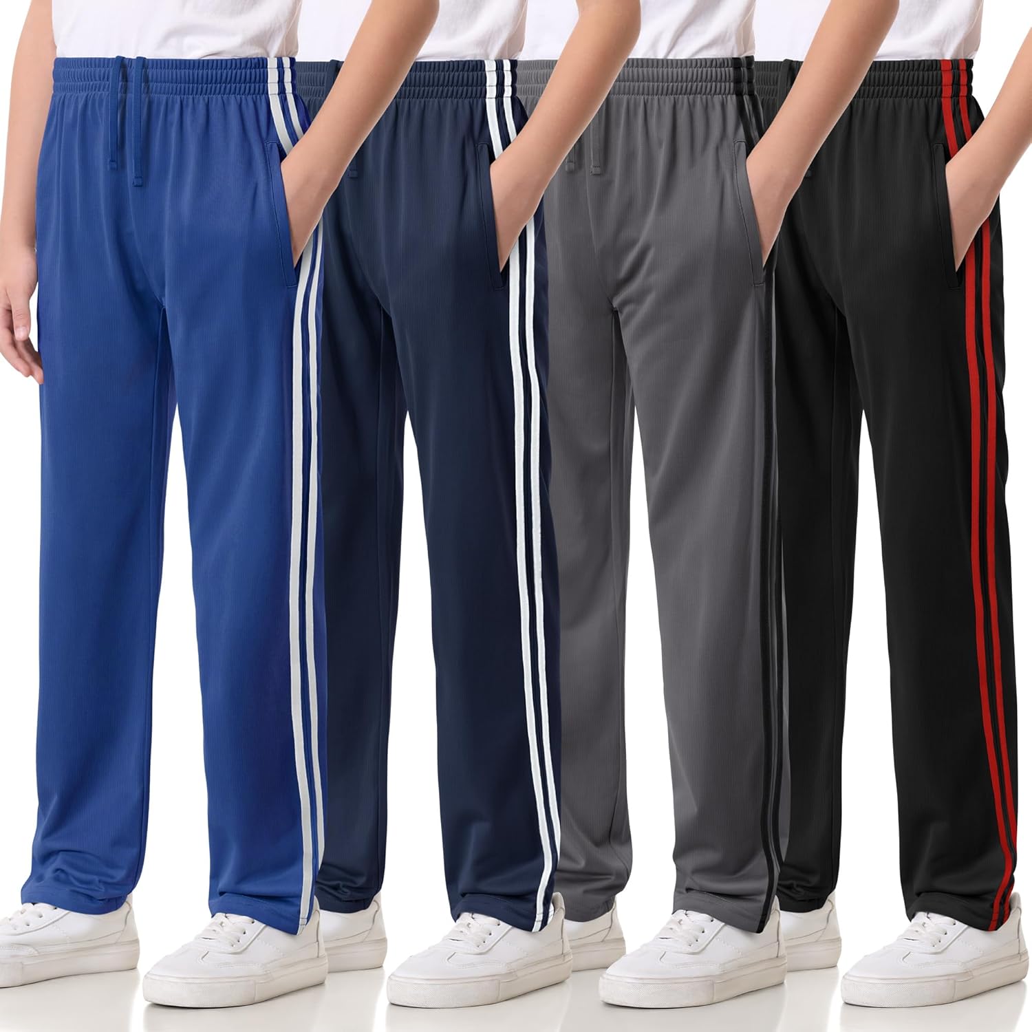 4 Pack Boys Lightweight Sweatpants, Tricot Sweat Pants for Boys Athletic Open Bottom Pants with Pockets & Drawstring