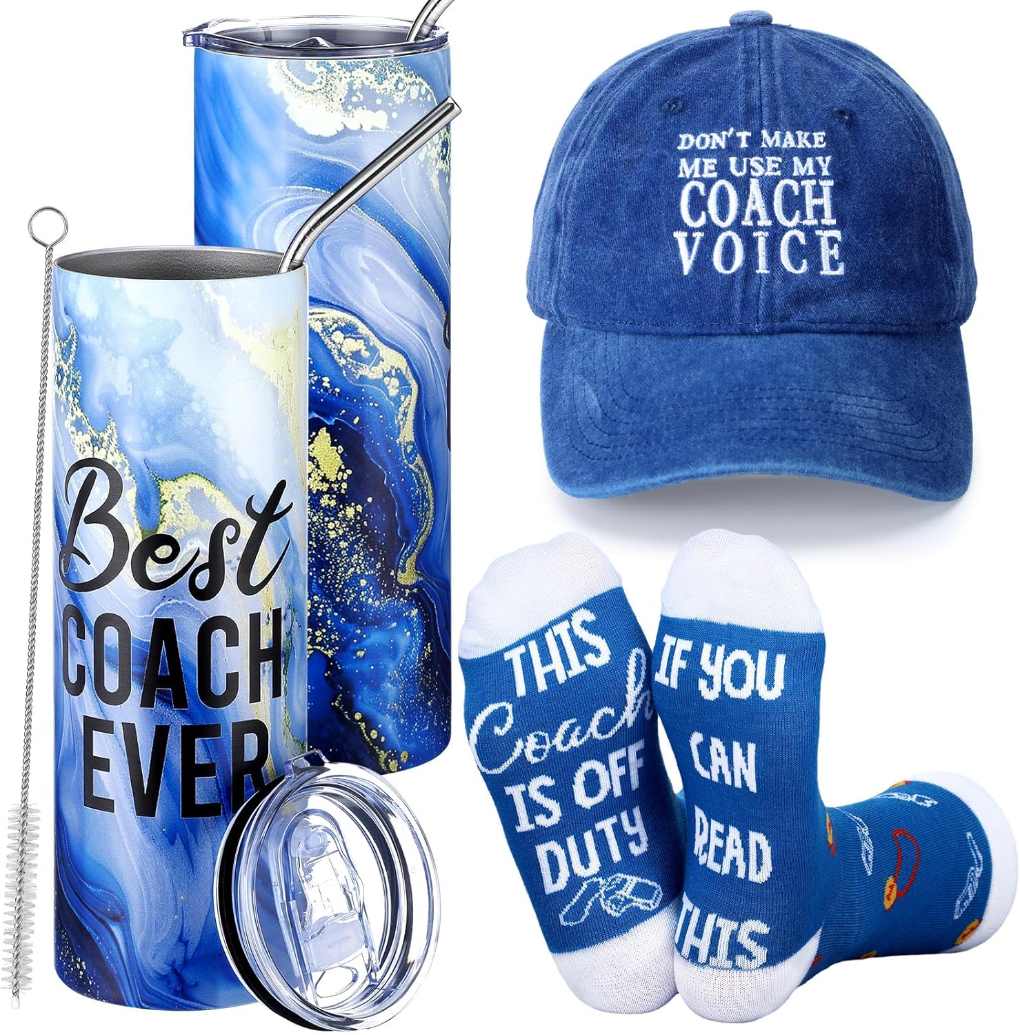 3 Pcs Coach Gift for Men Best Coach Ever Thank You Christmas Appreciation Gift Tumbler Sock Hat for Men Women Birthday Volleyball Soccer Baseball Football Basketball Tennis Swim Golf(Blue)