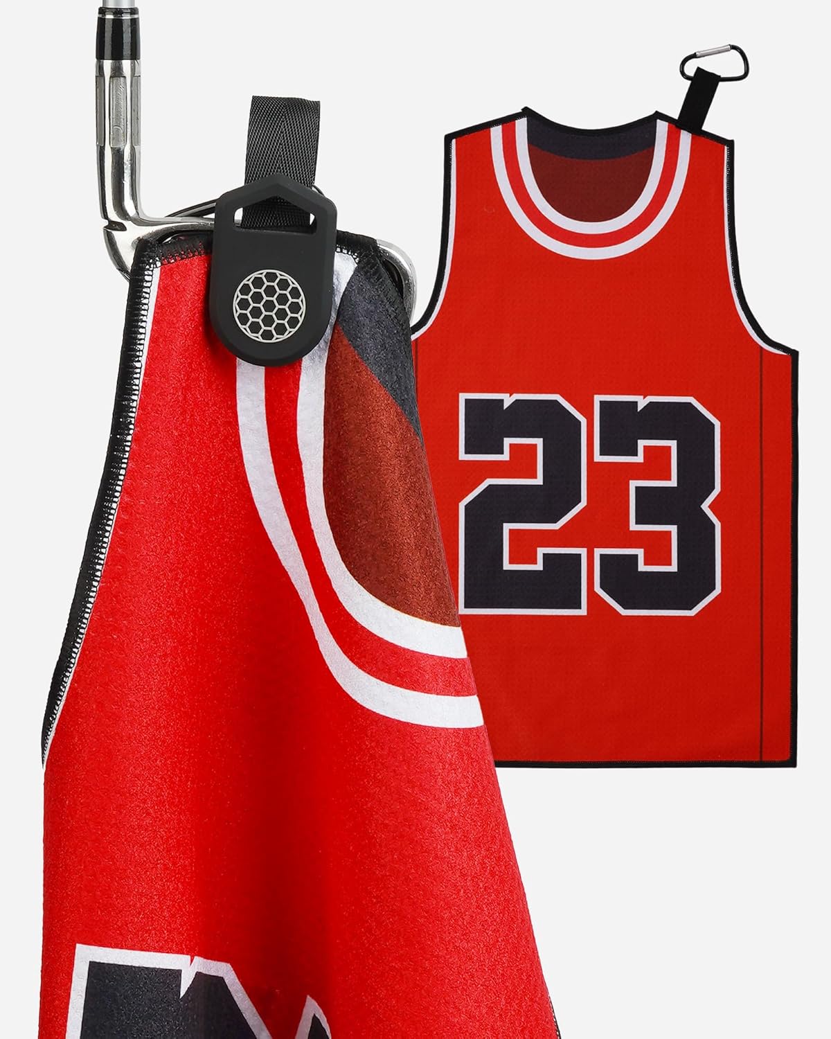 BIG TEETH Golf Towels for Golf Bags, Magnetic Golf Towel with Clip, Funny Golf Towel Basketball Jerseys Shapes, Sports Style (Red NO.23 Magnetic)