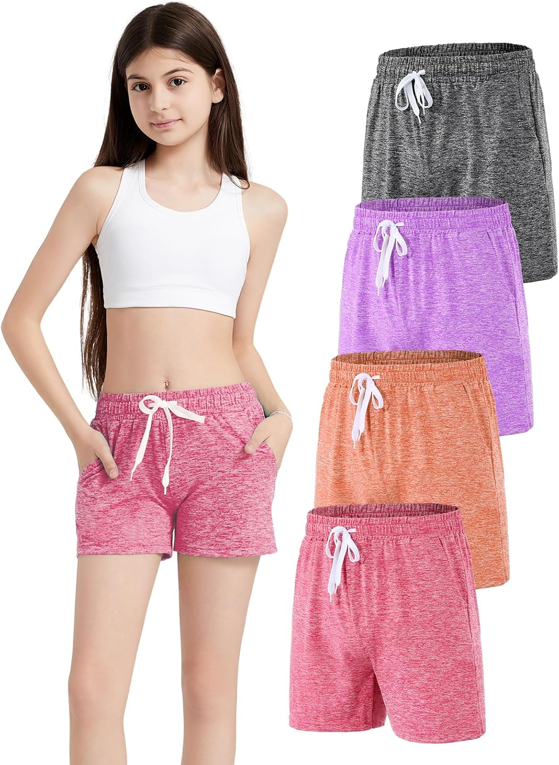 4 Pack Girls Athletic Shorts Dry-Fit Basketball Shorts with Pockets,Girls Running Shorts for Kids Gym Soccer - Image 7