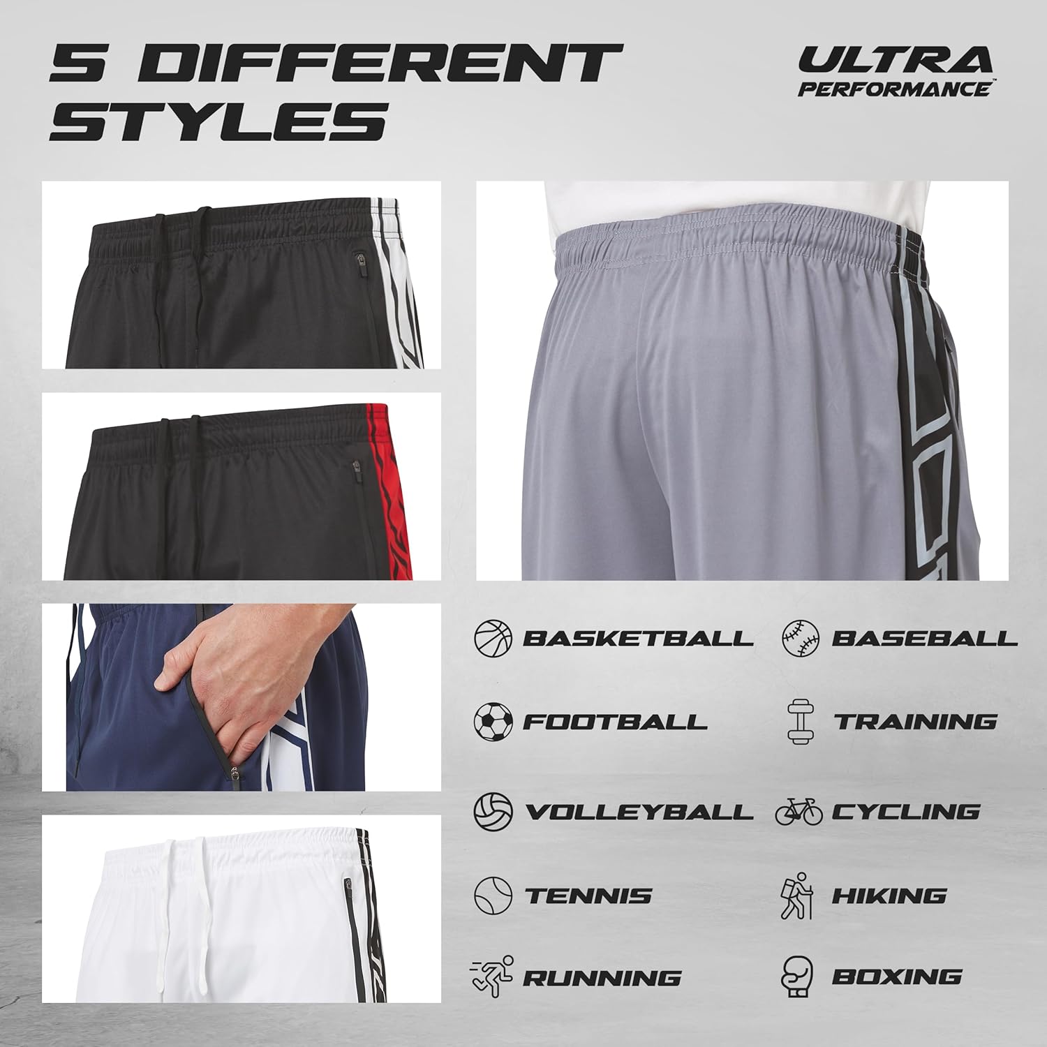 Ultra Performance Mens 5 Pack Athletic Running Shorts, Basketball Gym Workout Shorts for Men with Zippered Pockets - Image 5