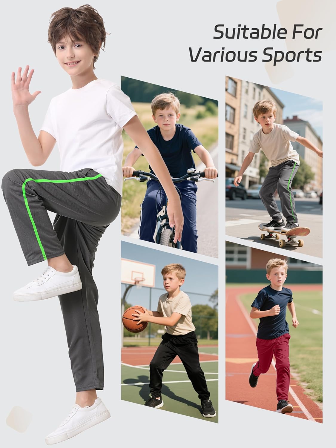 4 Pack Boys Mesh Athletic Pants, Lightweight Pants with Pockets and Drawstring, Thin Open Bottom Active Pants for Boys - Image 6