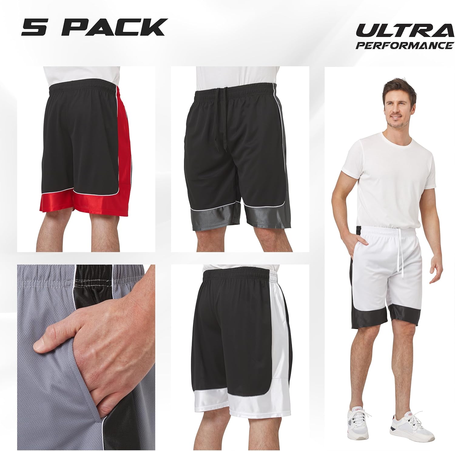 Ultra Performance 5 Pack Mens Shorts, Athletic Gym Shorts Workout Basketball Shorts for Men, SM - 5X - Image 2