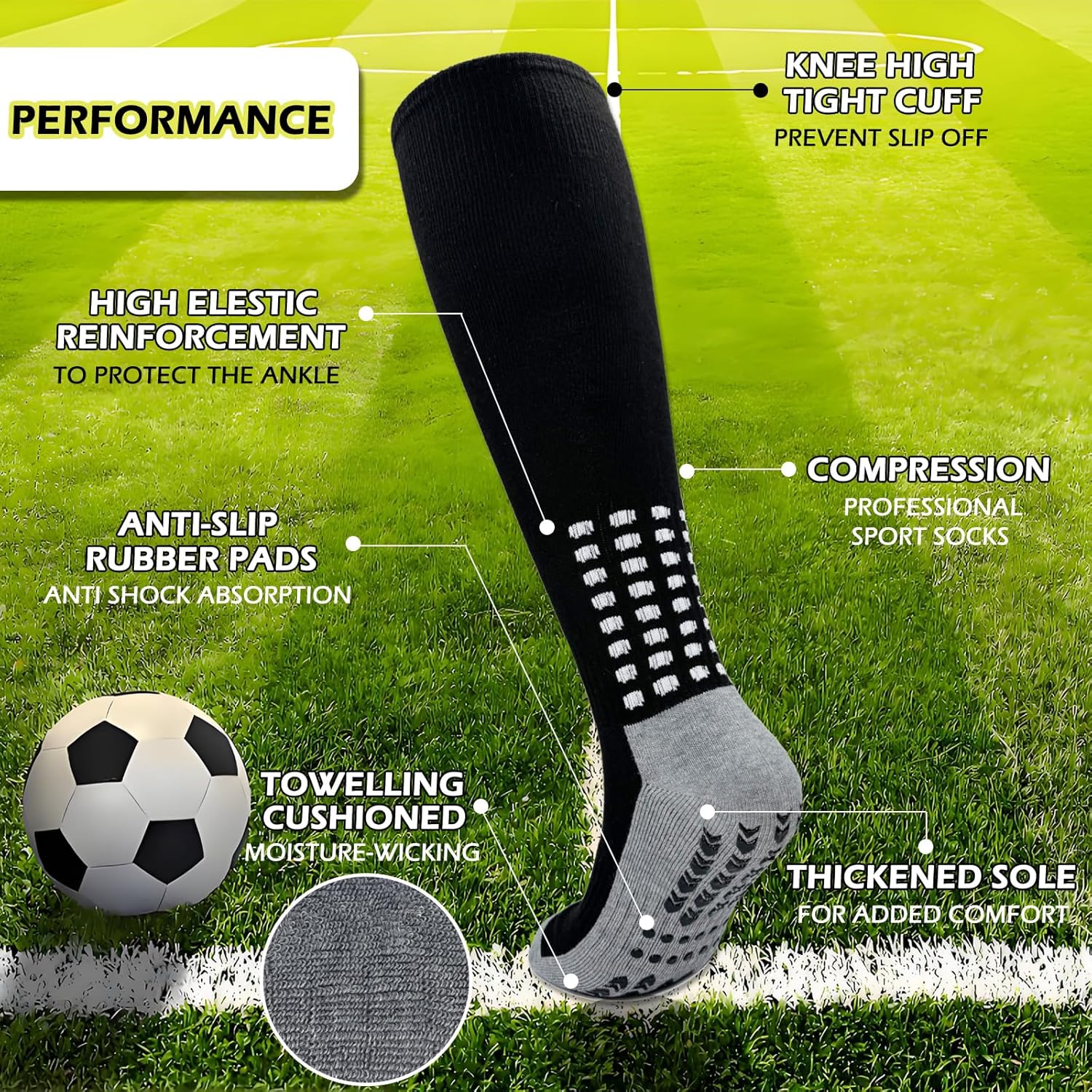 Vegove 6 Pairs Men's Cushioned Soccer Socks with Grip, Non Slip Sports Socks, Knee High Compression Basketball Stockings - Image 4