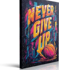 Cool Never Give Up Basketball Motivational Picture Wall Decor Framed Modern Inspirational Canvas Wall Art Graffiti Gym Prints Poster Colorful Painting for Living Room Bedroom Artwork (16"x24")