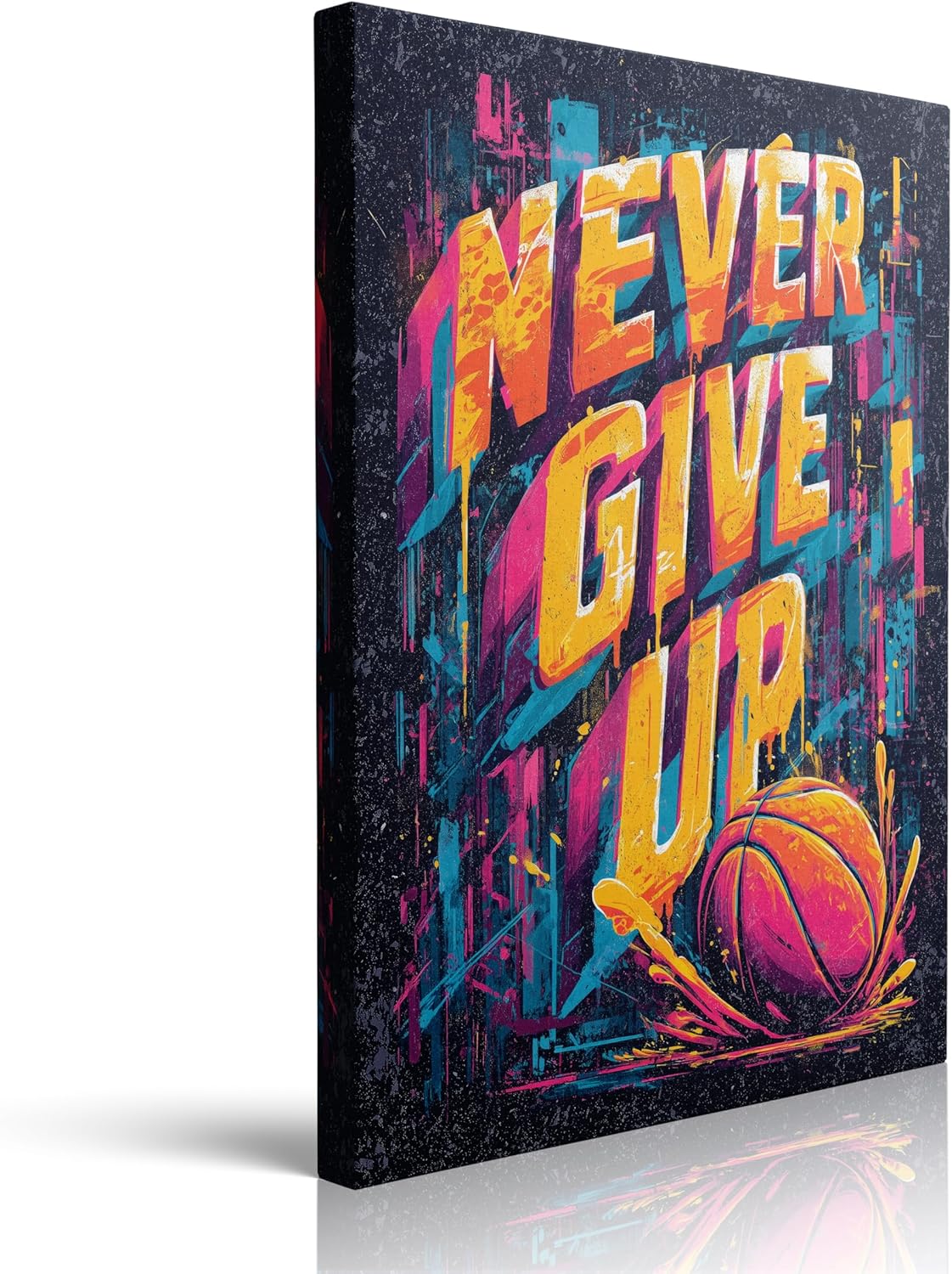 Cool Never Give Up Basketball Motivational Picture Wall Decor Framed Modern Inspirational Canvas Wall Art Graffiti Gym Prints Poster Colorful Painting for Living Room Bedroom Artwork (16"x24")