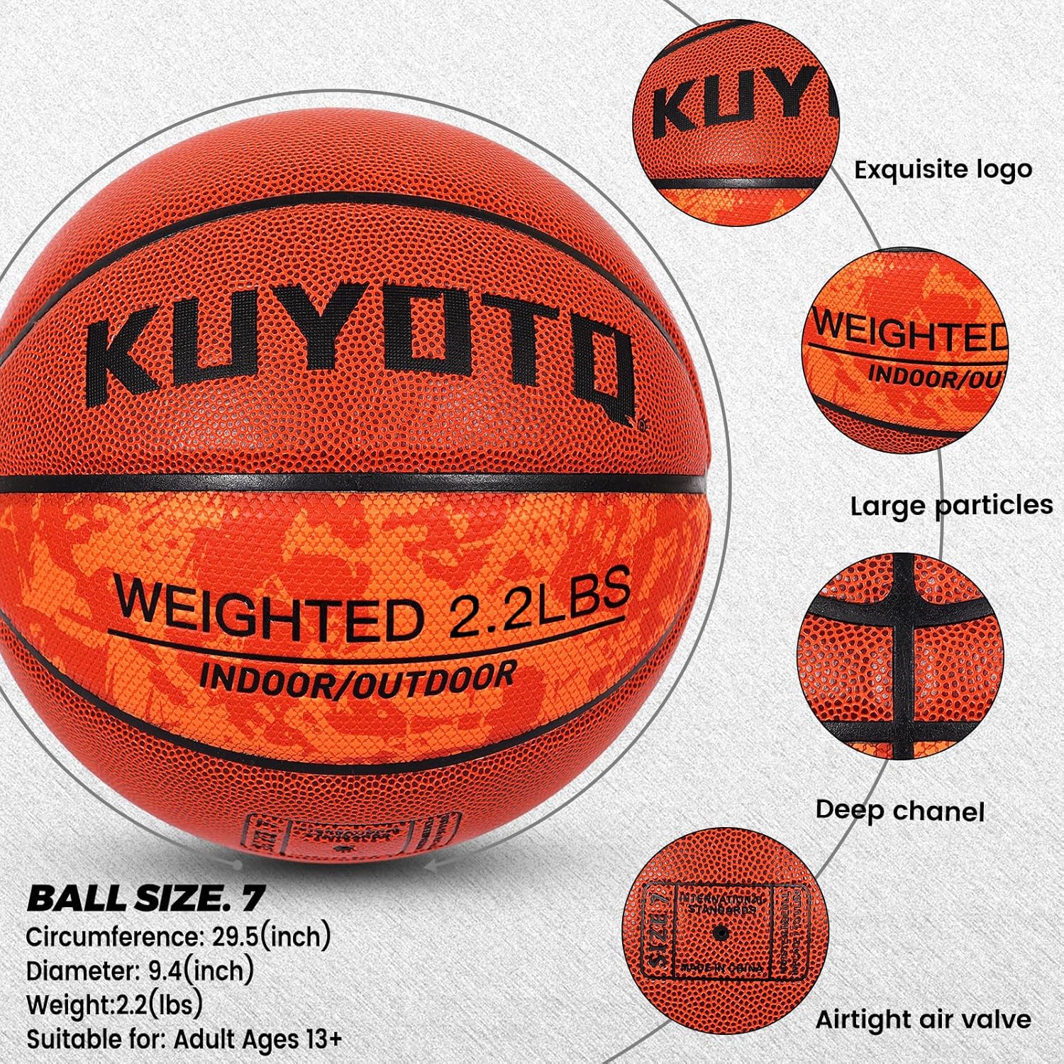 KUYOTQ 2.2LBS Weighted Heavy Size 7 29.5" Basketball Training Equipment Basketball Composite Leather Indoor Outdoor for Adult Youth Improving Ball Handling Dribbling Passing Skill (Deflated) - Image 6