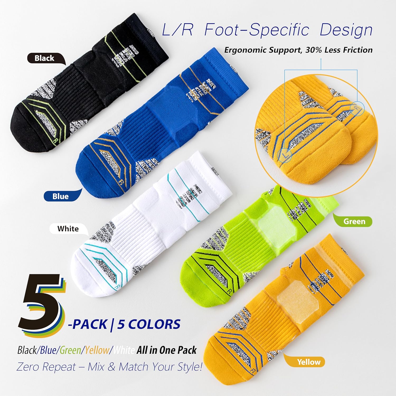 Performance Sports Socks 5-Pack - Shock-Absorbing Anti-Slip Ankle Socks with Breathable Cotton Blend for Running, Gym, Basketball & Daily Wear - Image 2