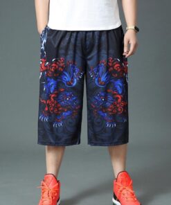 Men's Black Printed Wide Leg Summer Breathable Sports Basketball Shorts Elastic